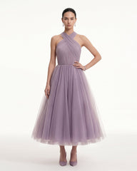 Tulle Cross Halter A-Line Midi Dress - Dusty Mauve