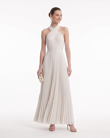 Pleated Cross Halter Maxi Dress - Ivory