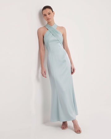 Pleated Cross-Halter Satin Maxi Dress - Dusty Blue