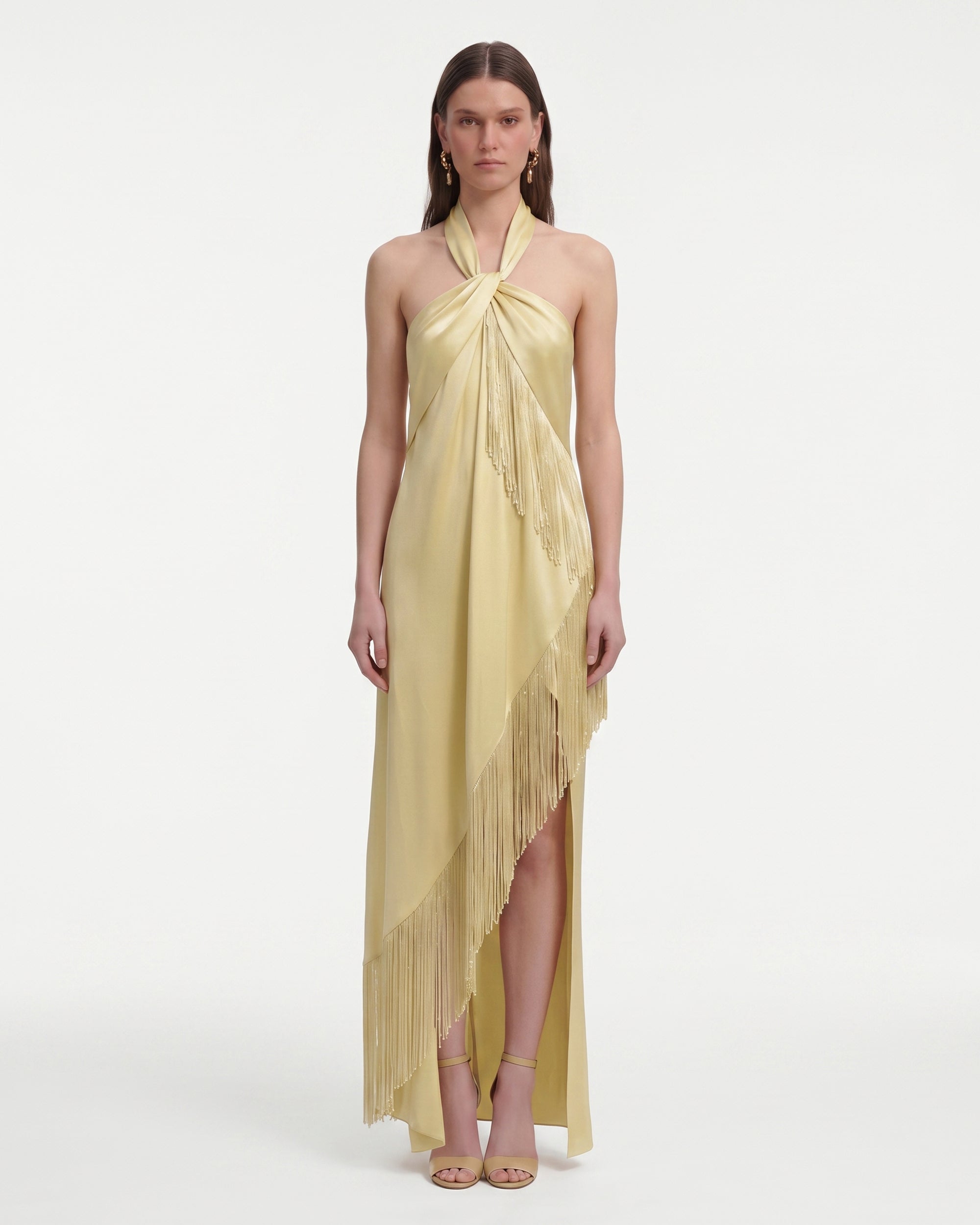 Fringe Halter Draped Satin Maxi Dress - Champagne
