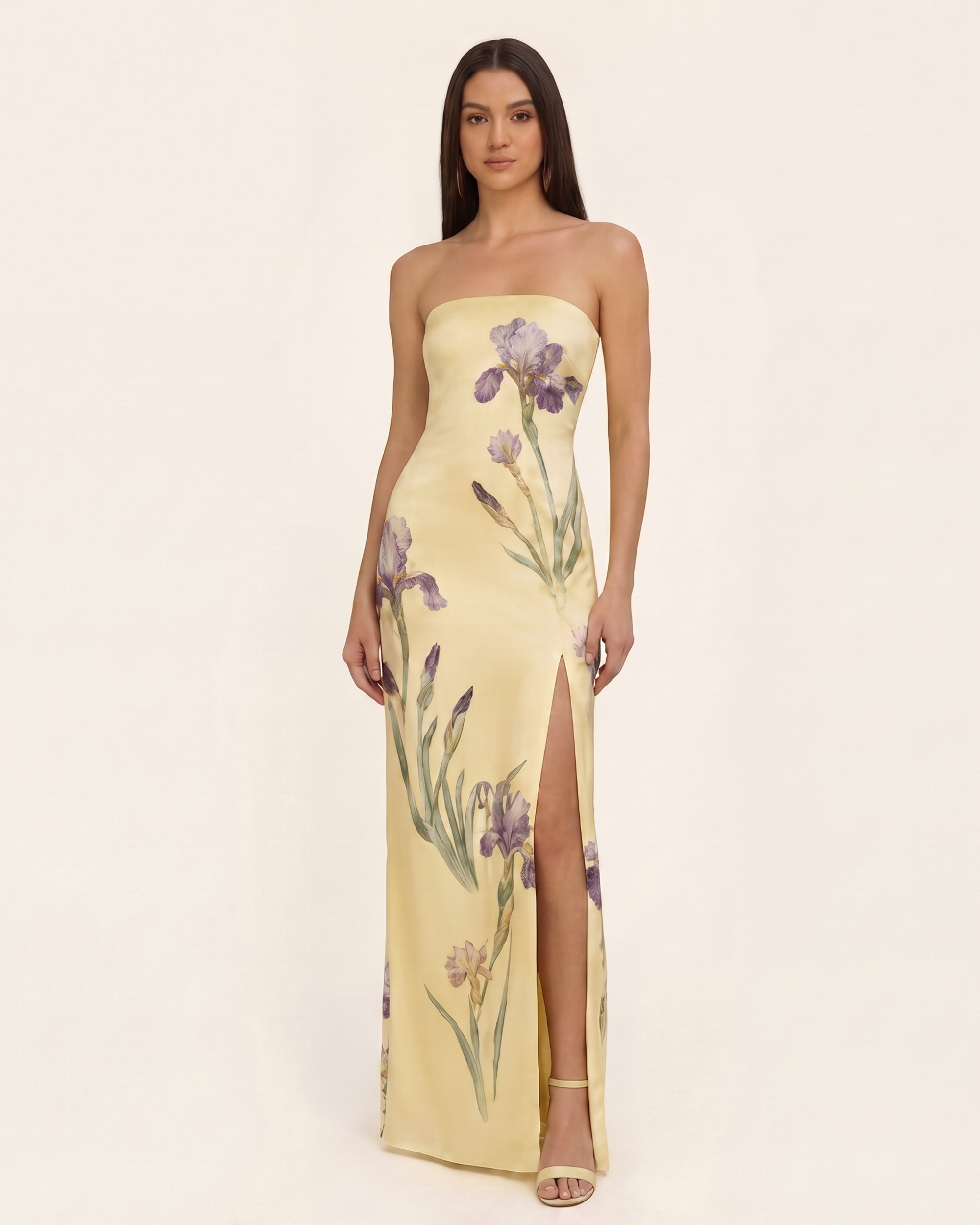 Iris Print Strapless Satin Slit Maxi Dress - Soft Yellow