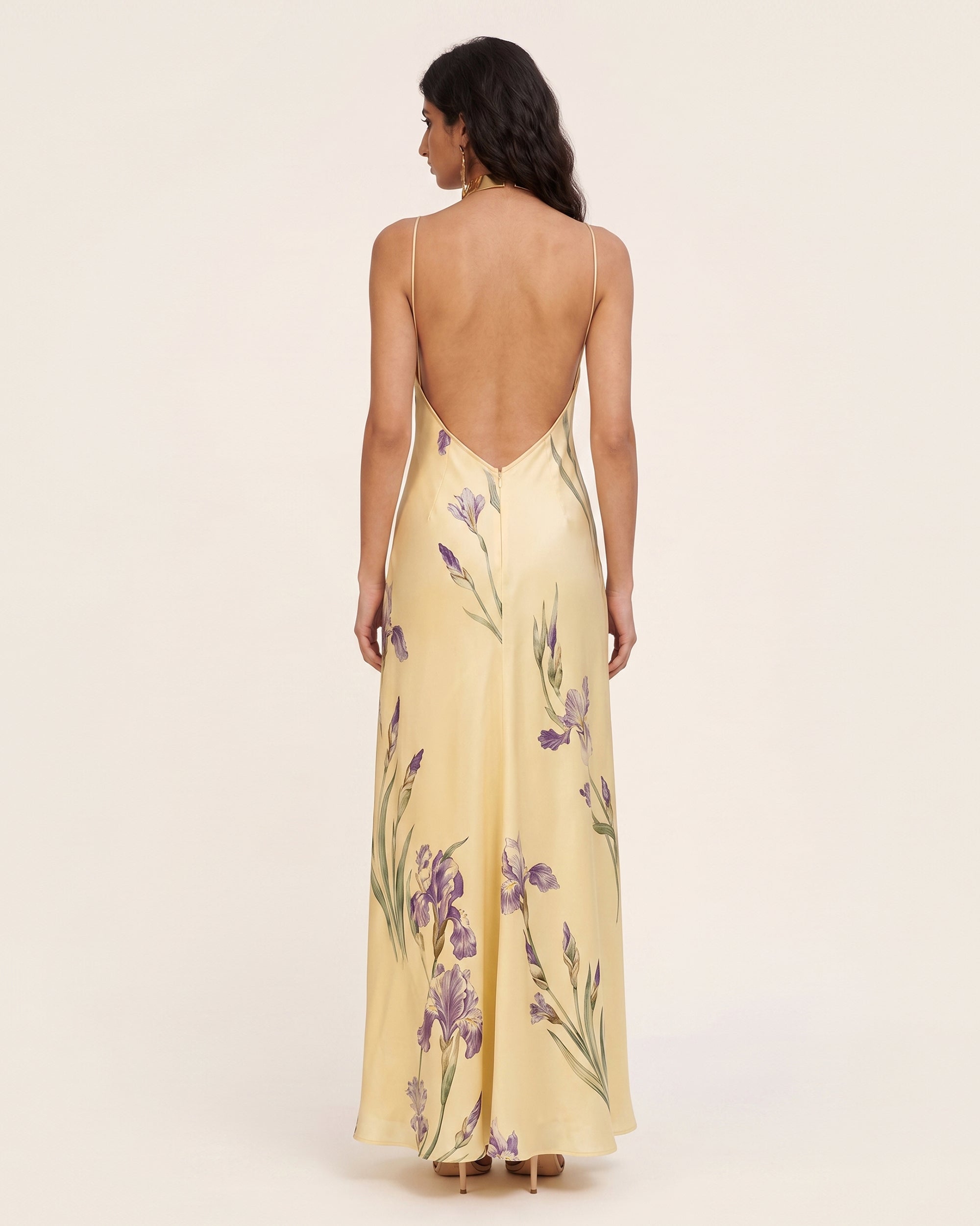 Iris Print Cross-Halter Open-Back Maxi Dress - Yellow