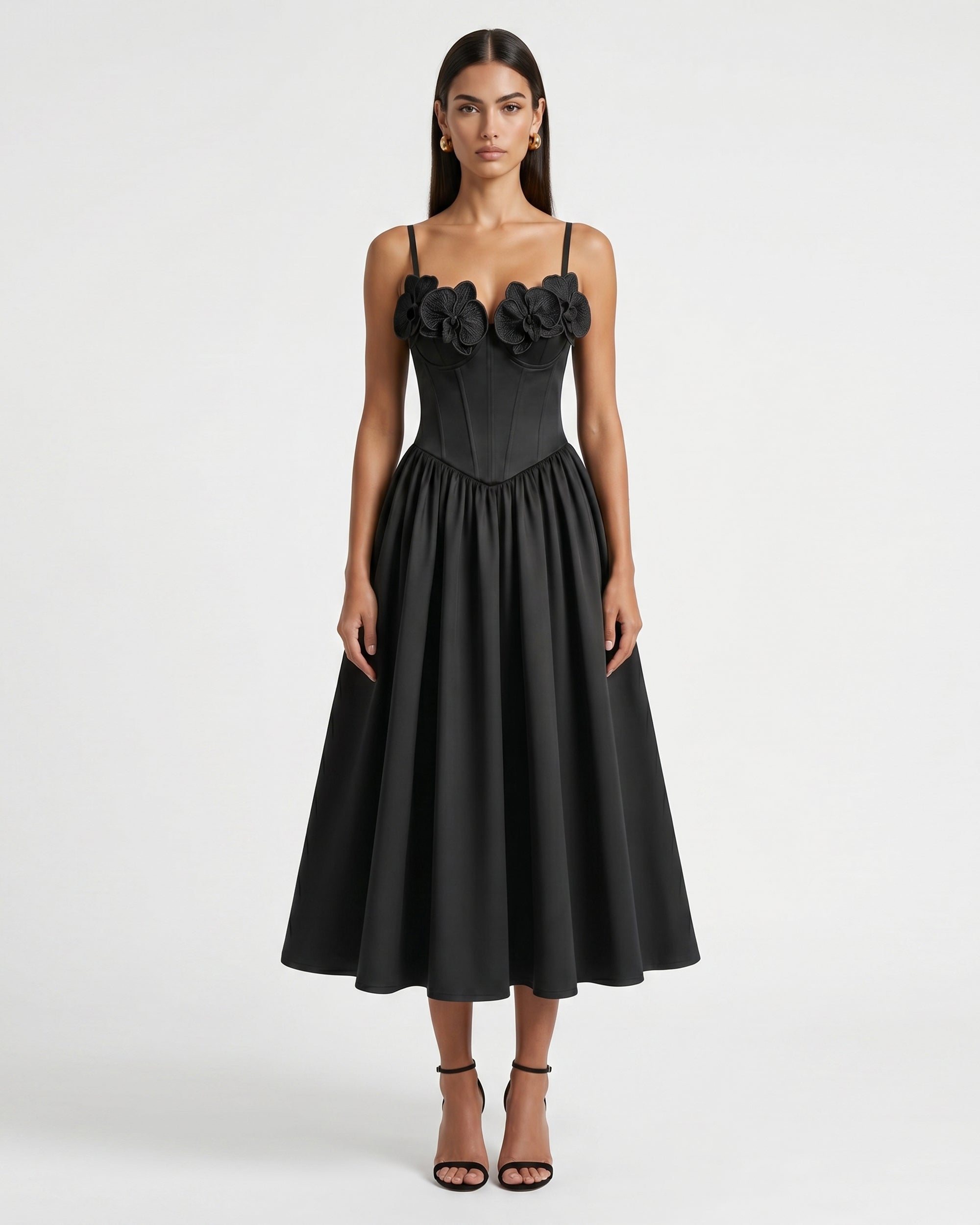Orchid Embroidered Appliqué Corset Maxi Dress - Black