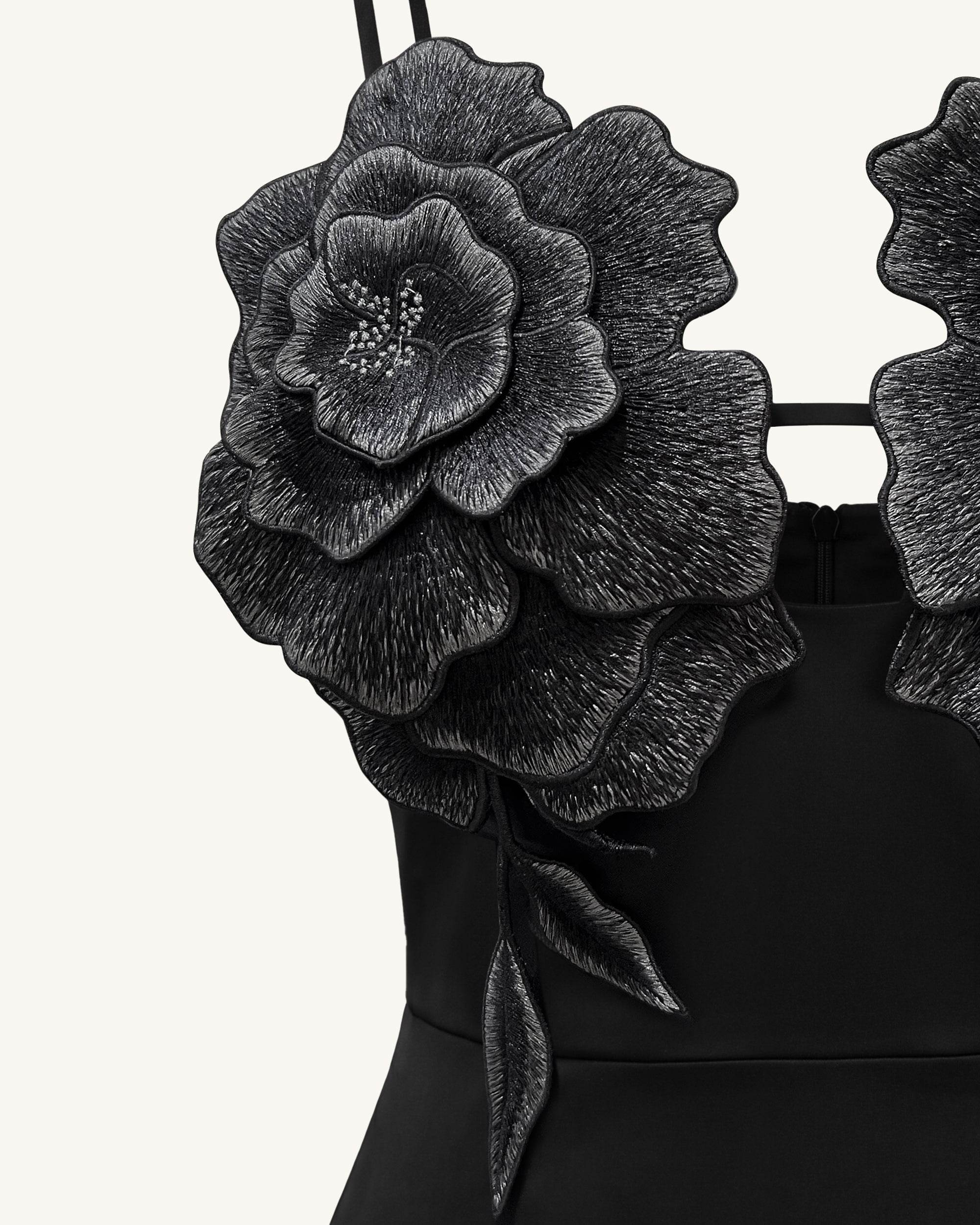 3D Floral Strappy Maxi Dress - Black