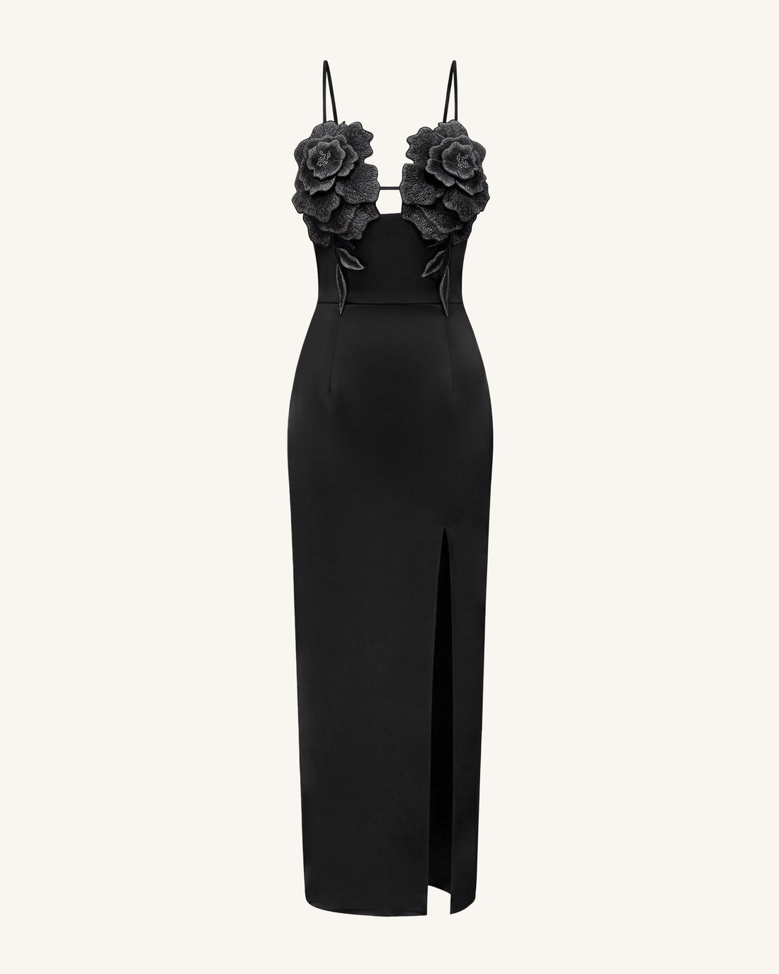 3D Floral Strappy Maxi Dress - Black