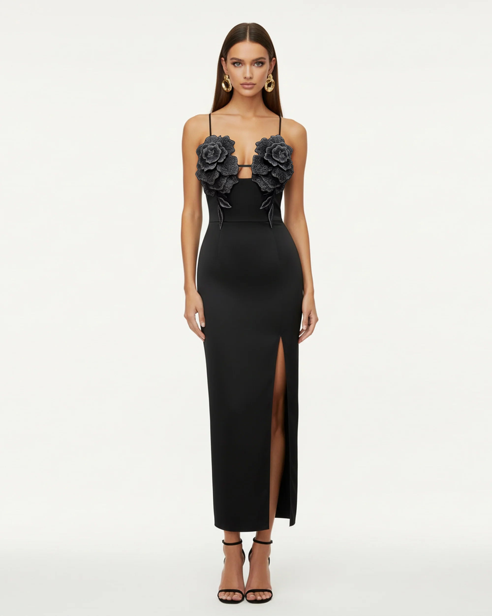 3D Floral Strappy Maxi Dress - Black