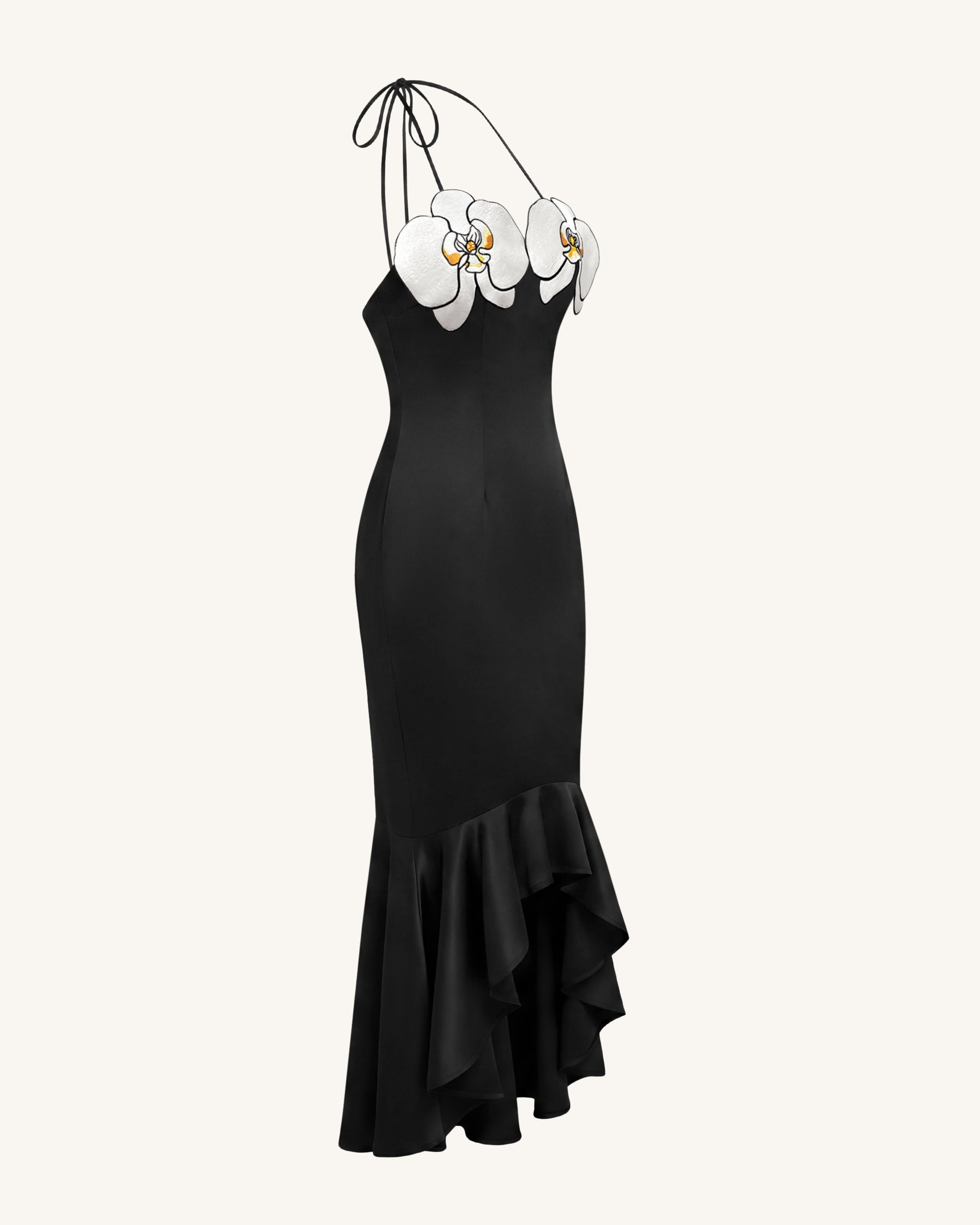 Orchid Embroidered High-Low Midi Dress - Black