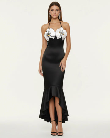 Orchid Embroidered High-Low Midi Dress - Black