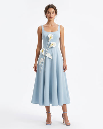 Floral Appliqué Square Neck Midi Dress - Light Blue