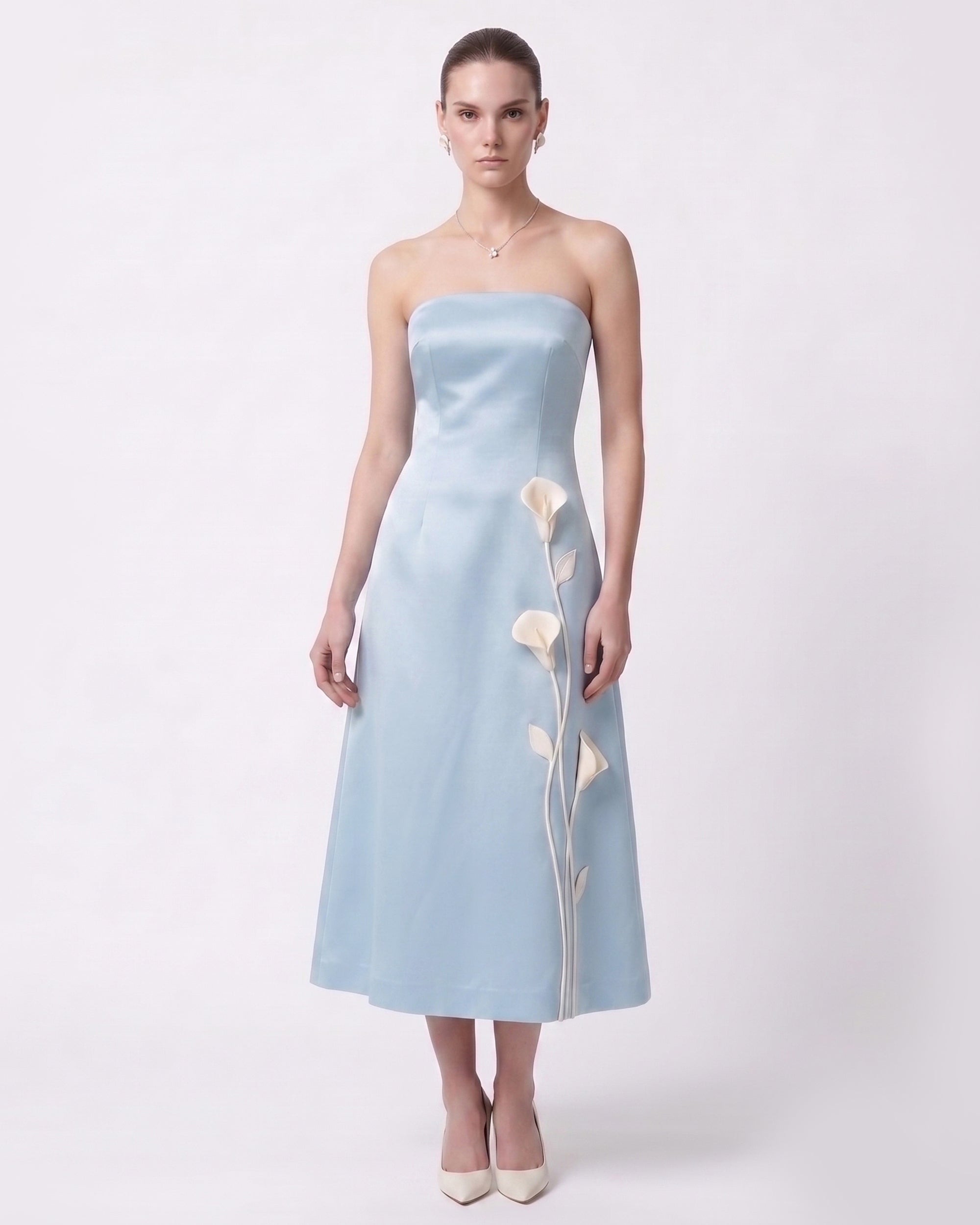 Floral Appliqué Strapless Midi Dress - Light Blue