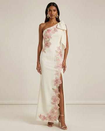 Flower Embroidered One-Shoulder Maxi Dress - Ivory