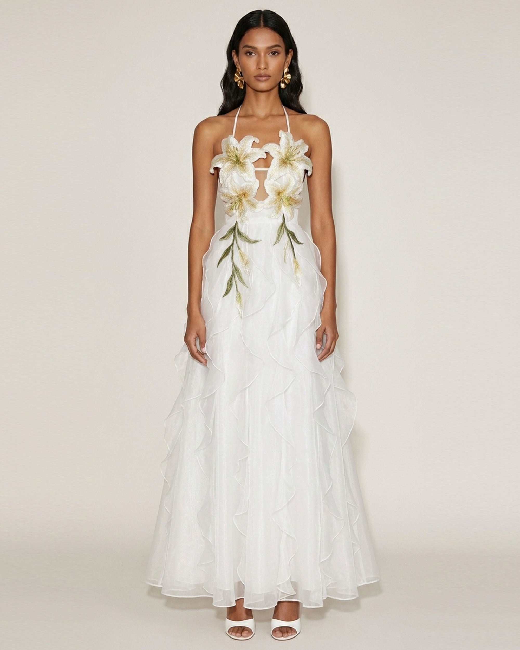 Lily-Embroidered Embroidered Halter Tiered Maxi Dress - White
