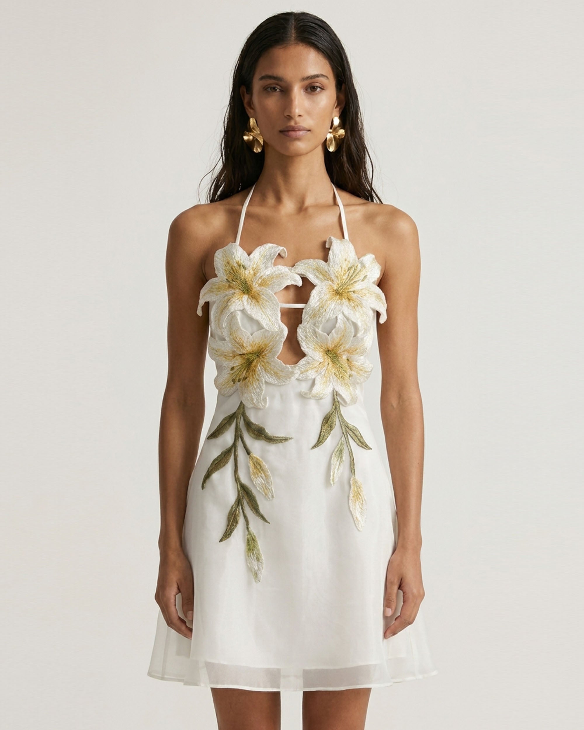 Lily-Embroidered Halter Mini Dress - White