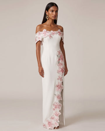 Flower Embroidered Off-Shoulder Maxi Dress - Ivory