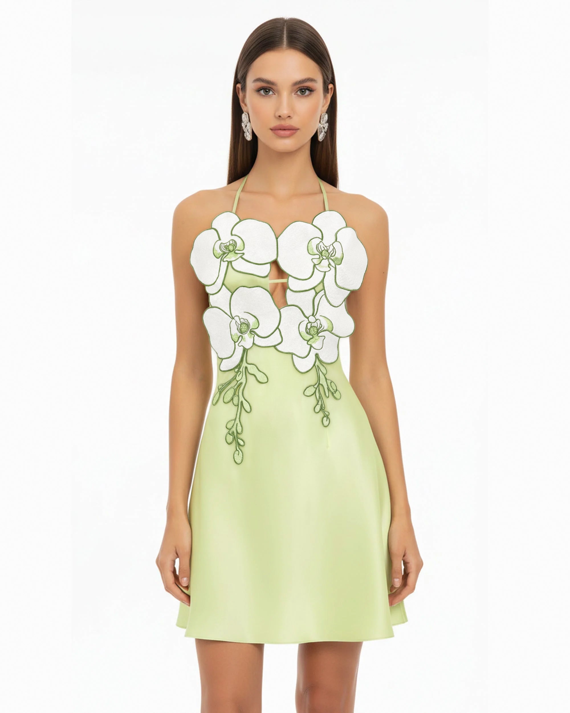 Orchid Embroidered Halter Mini Dress - Light Green