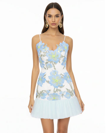 Floral Sling Mini Dress - Baby Blue