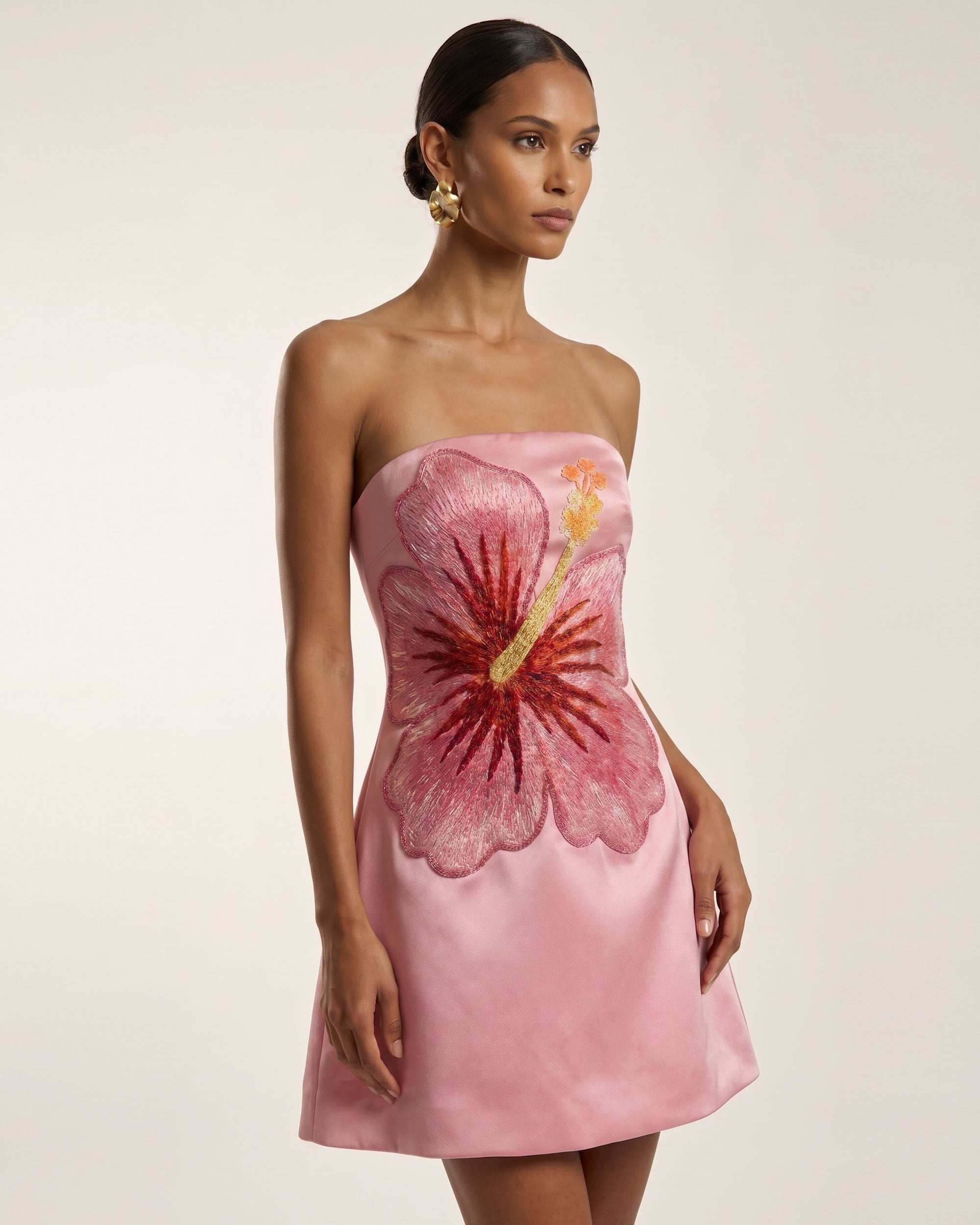 Hibiscus Embroidered Bandeau Mini Dress - Pink