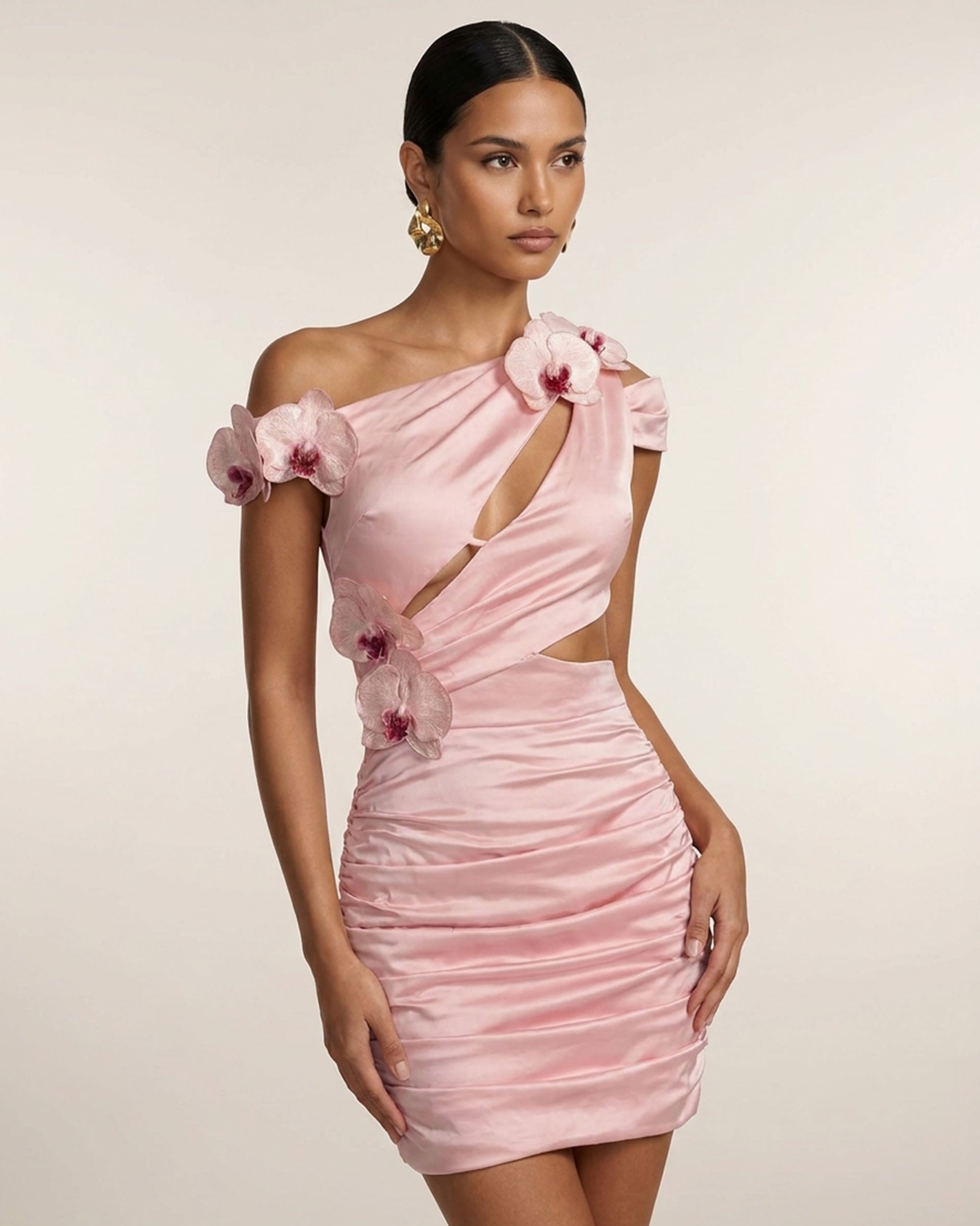 Orchid Embroidered Cutout Ruched Mini Dress - Blush Pink
