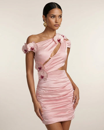Orchid Embroidered Cutout Ruched Mini Dress - Blush Pink