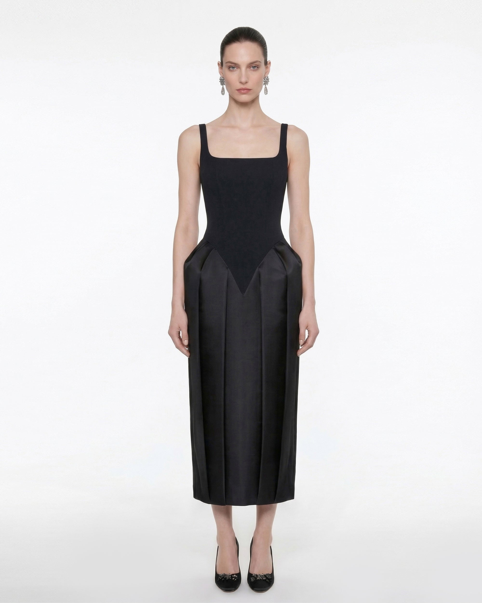 Square Neck Pannier Midi Dress - Black