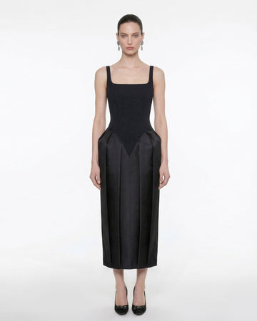 Square Neck Pannier Midi Dress - Black
