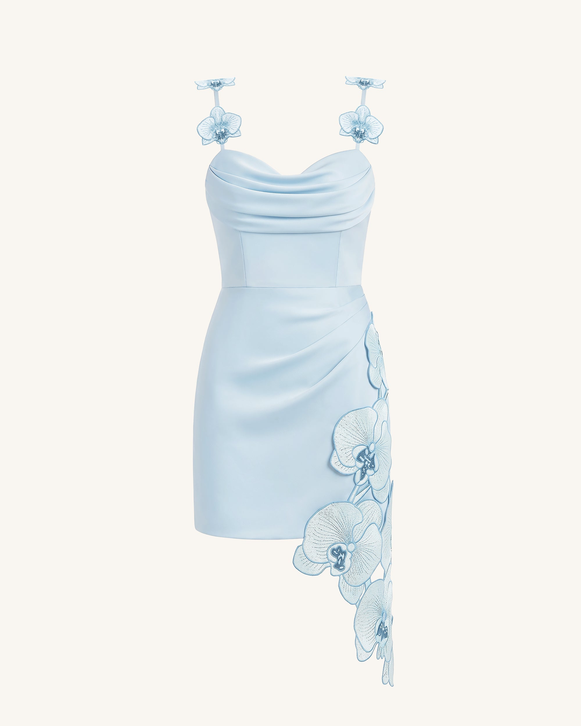Orchid Embroidered Draped Mini Dress - Light Blue
