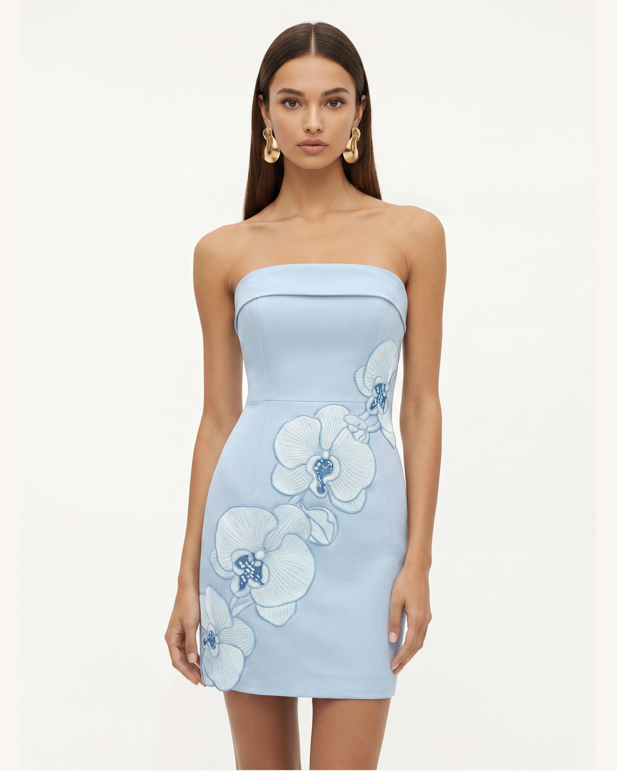 Orchid Embroidered Strapless Sheath Midi Dress - Light Blue