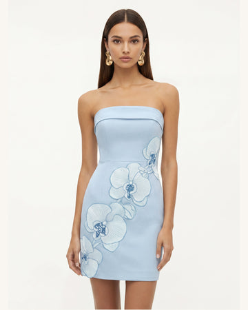 Orchid Embroidered Strapless Sheath Midi Dress - Light Blue