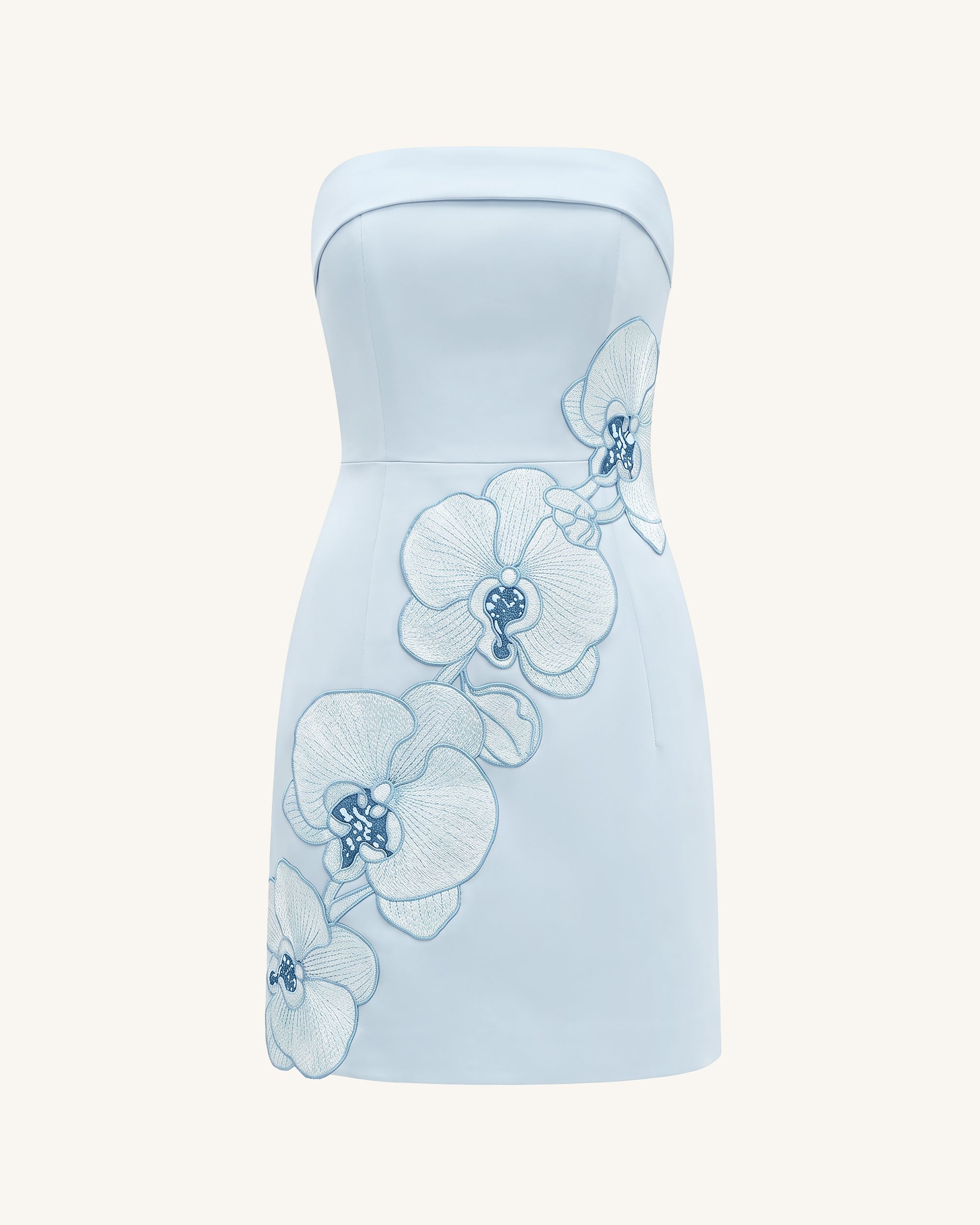 Orchid Embroidered Strapless Sheath Midi Dress - Light Blue