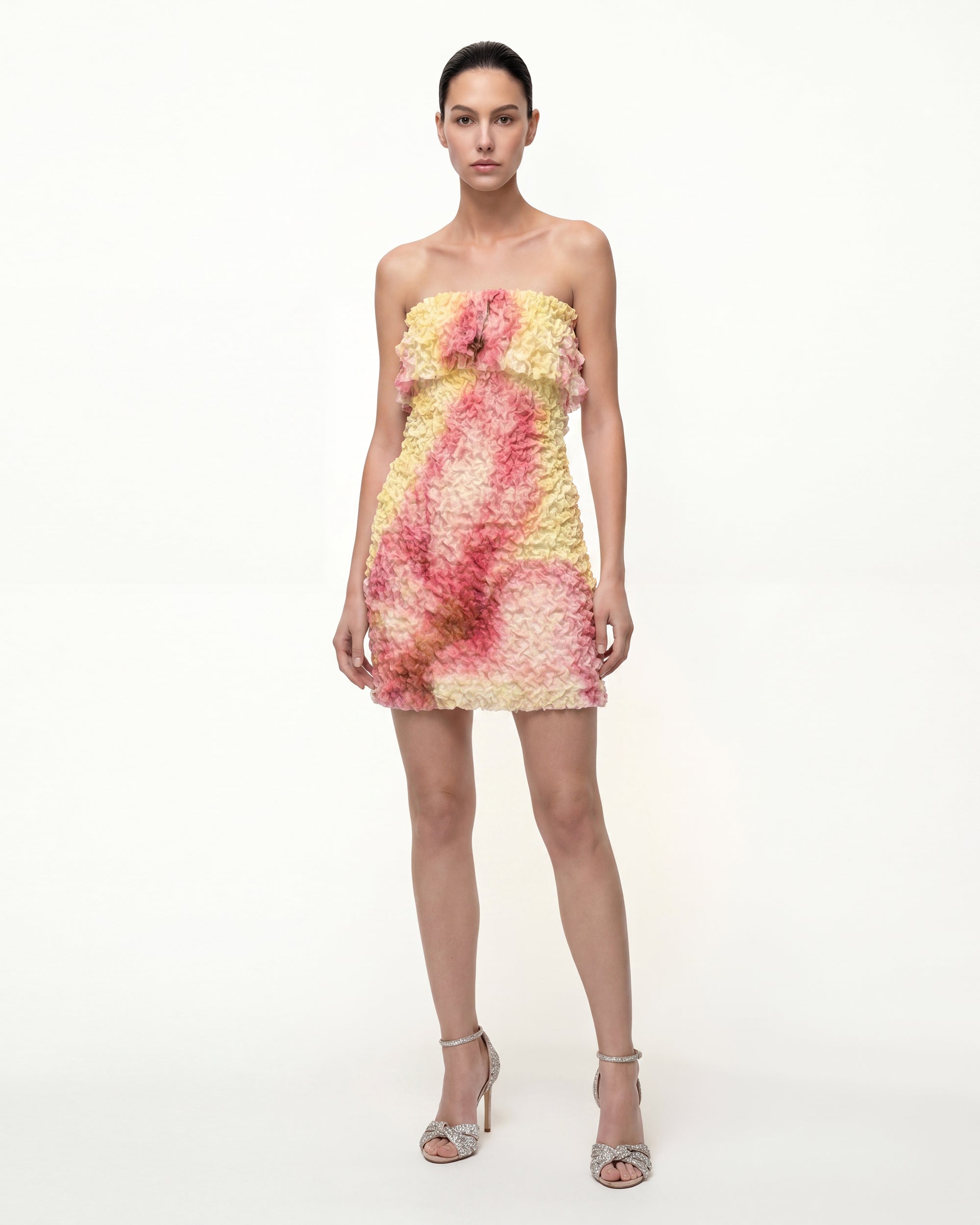 Floral Textured Strapless Mini Dress - Yellow