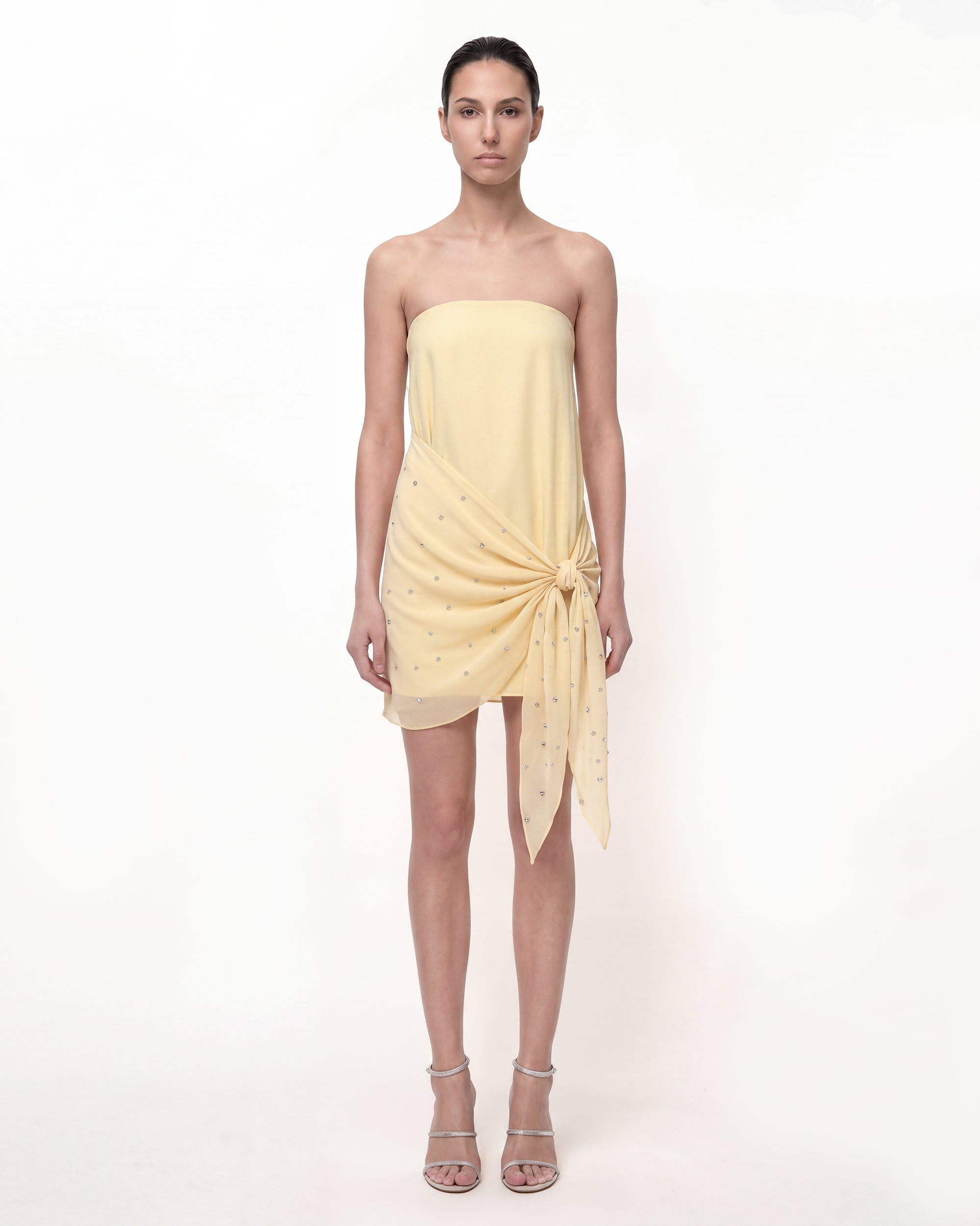 Strapless Ruched Tie Mini Dress - Butter Yellow