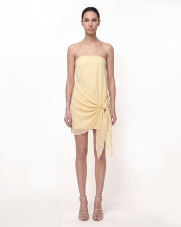 Strapless Ruched Tie Mini Dress - Butter Yellow