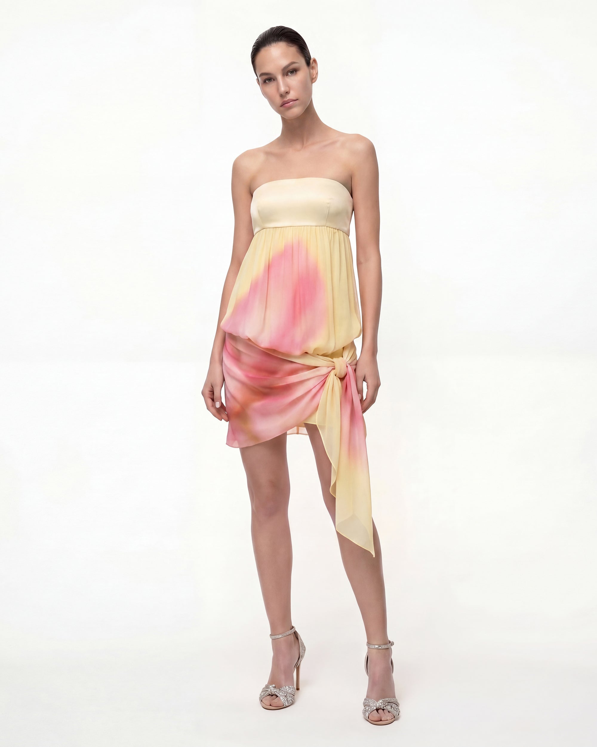 Strapless Draped Tie Bubble Mini Dress - Yellow Pink