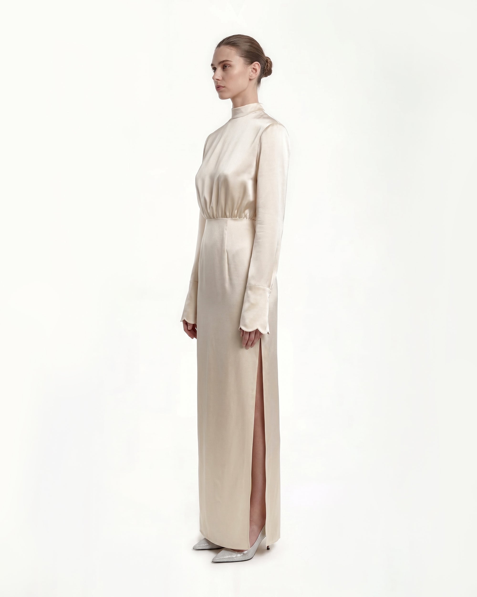 Structured Shoulder Design Satin High-Neck Fitted Maxi Dress - Cream