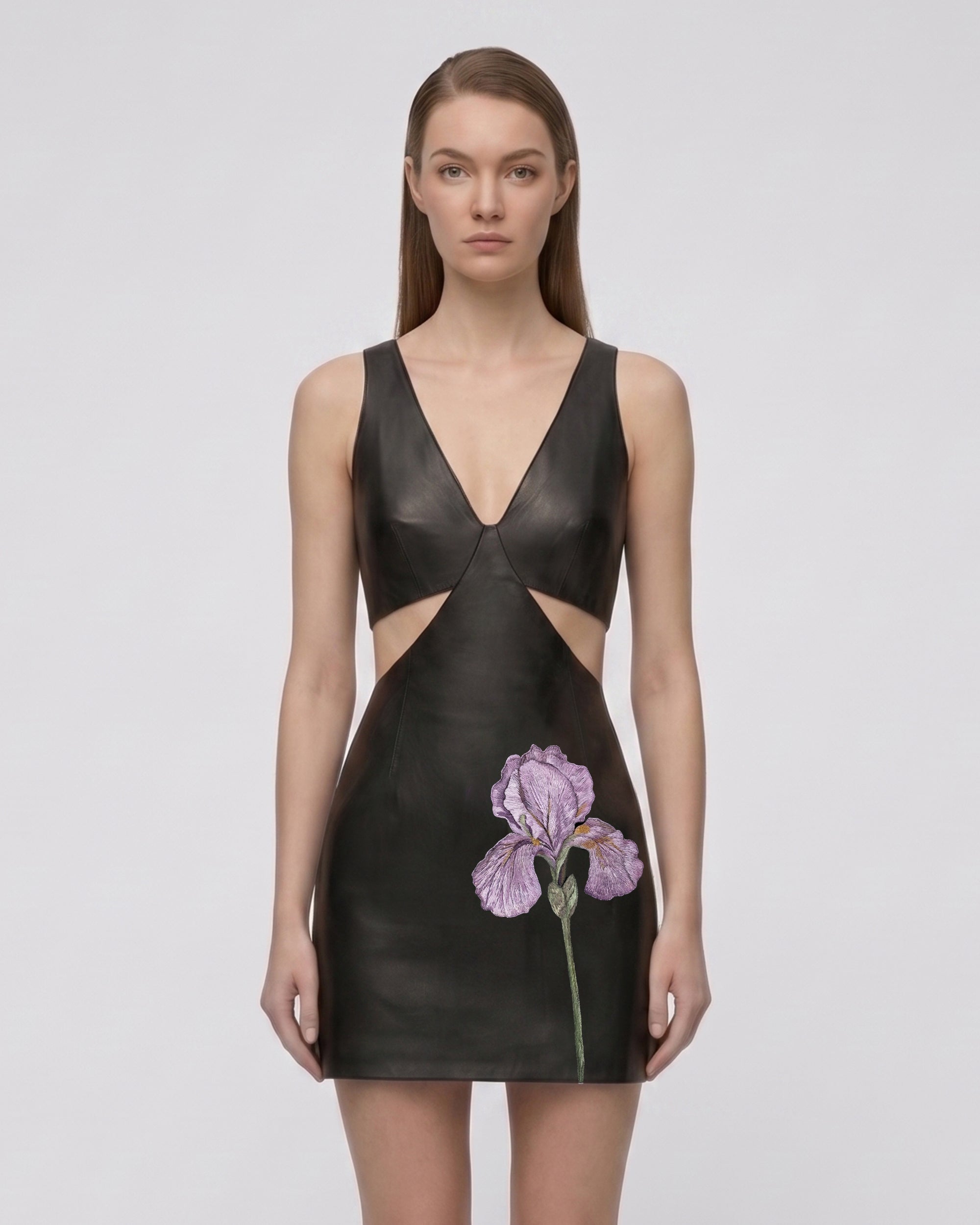 Iris Floral Cutout Bodycon Leather Mini Dress - Black