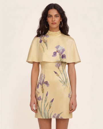 Iris Print Cape Overlay Mini Dress - Soft Yellow