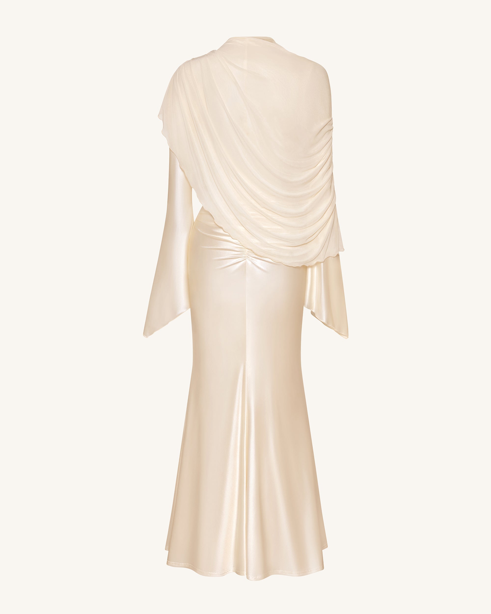 Sheer Shawl Ruched Bodycon Maxi Gown - Cream