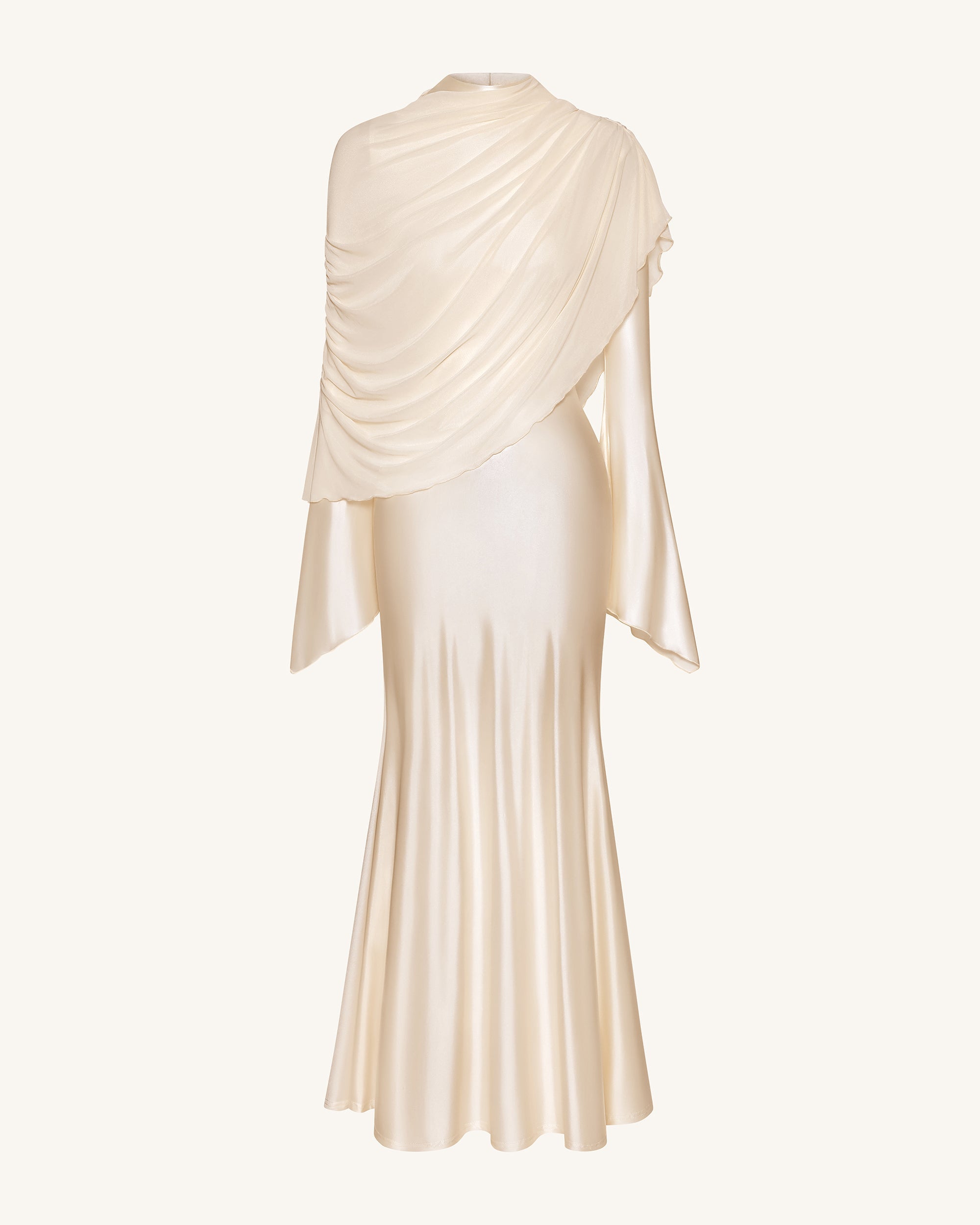 Sheer Shawl Ruched Bodycon Maxi Gown - Cream