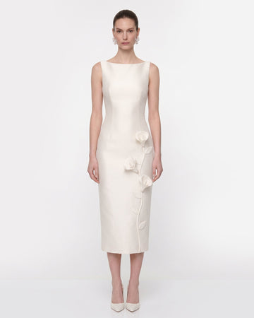 Floral Appliqué Sleeveless Midi Dress - White