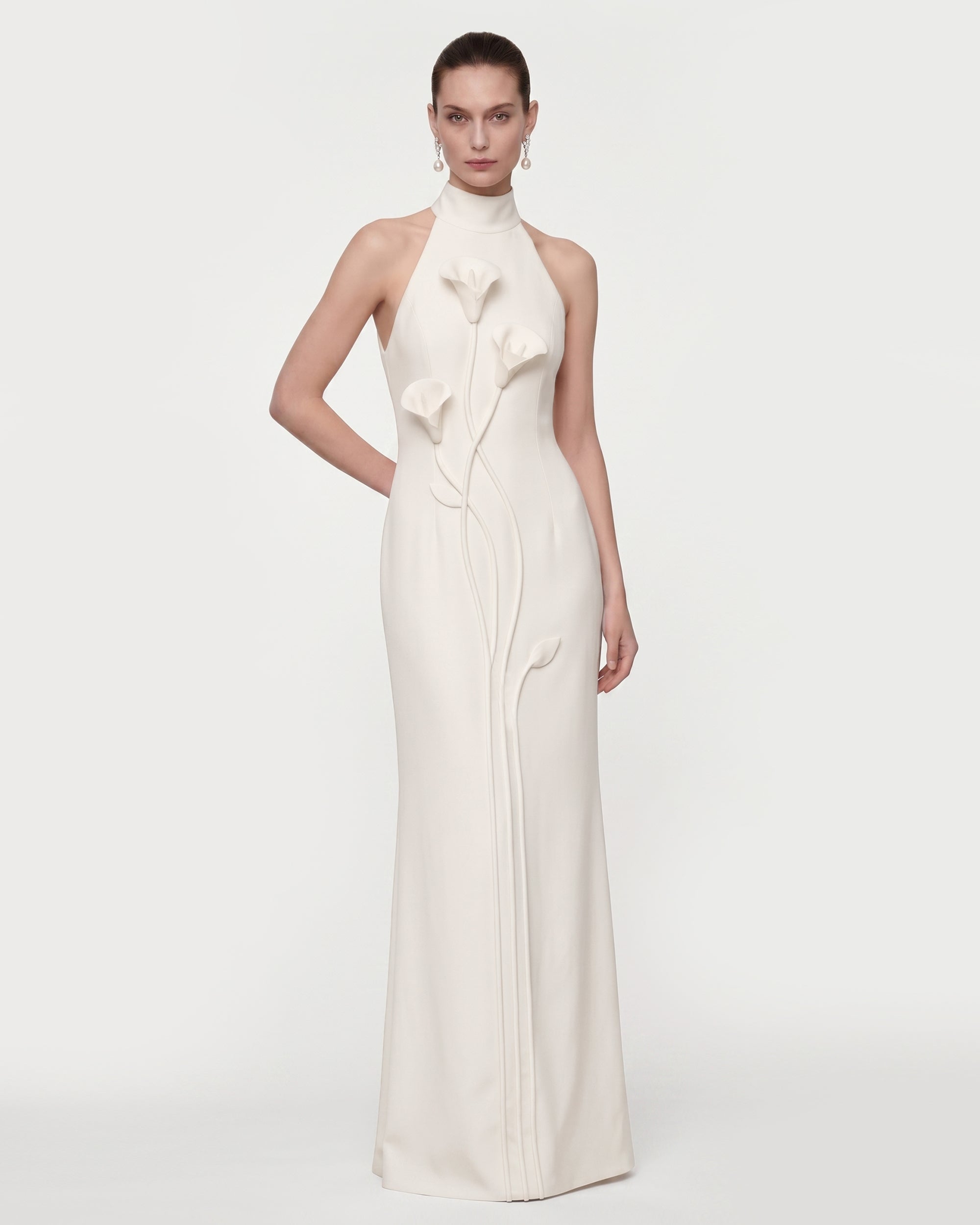 Floral Appliqué Vine Halter Maxi Dress - White