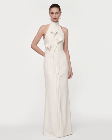 Floral Appliqué Vine Halter Maxi Dress - White