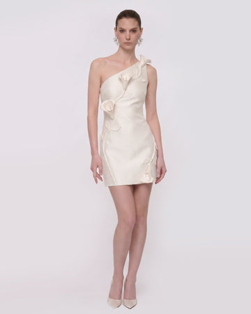 Floral Appliqué One-Shoulder Mini Dress - White