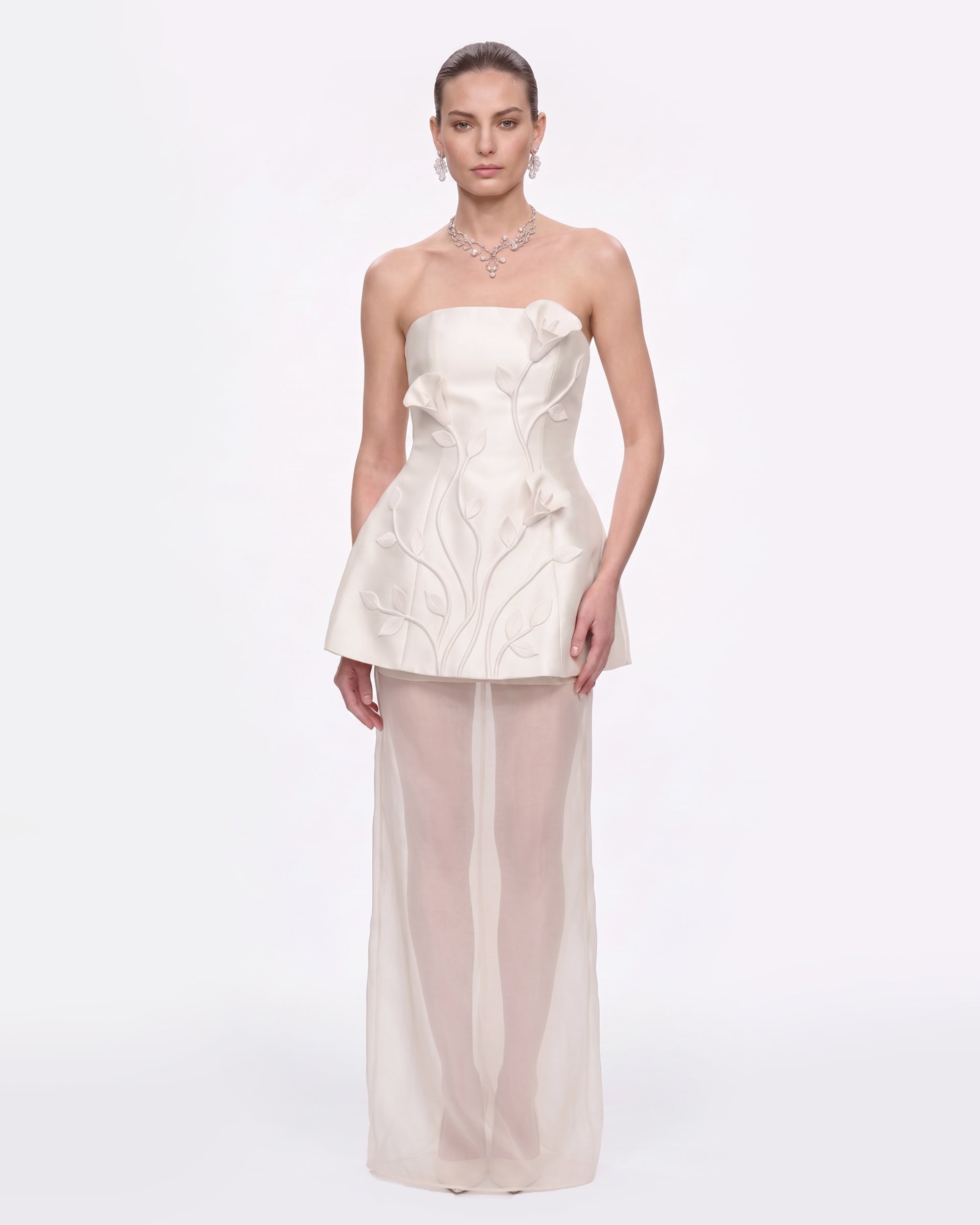 3D Floral-Appliqué Dress with Sheer Panelling - White