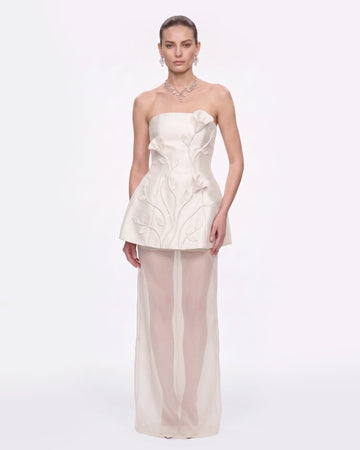 3D Floral-Appliqué Dress with Sheer Panelling - White