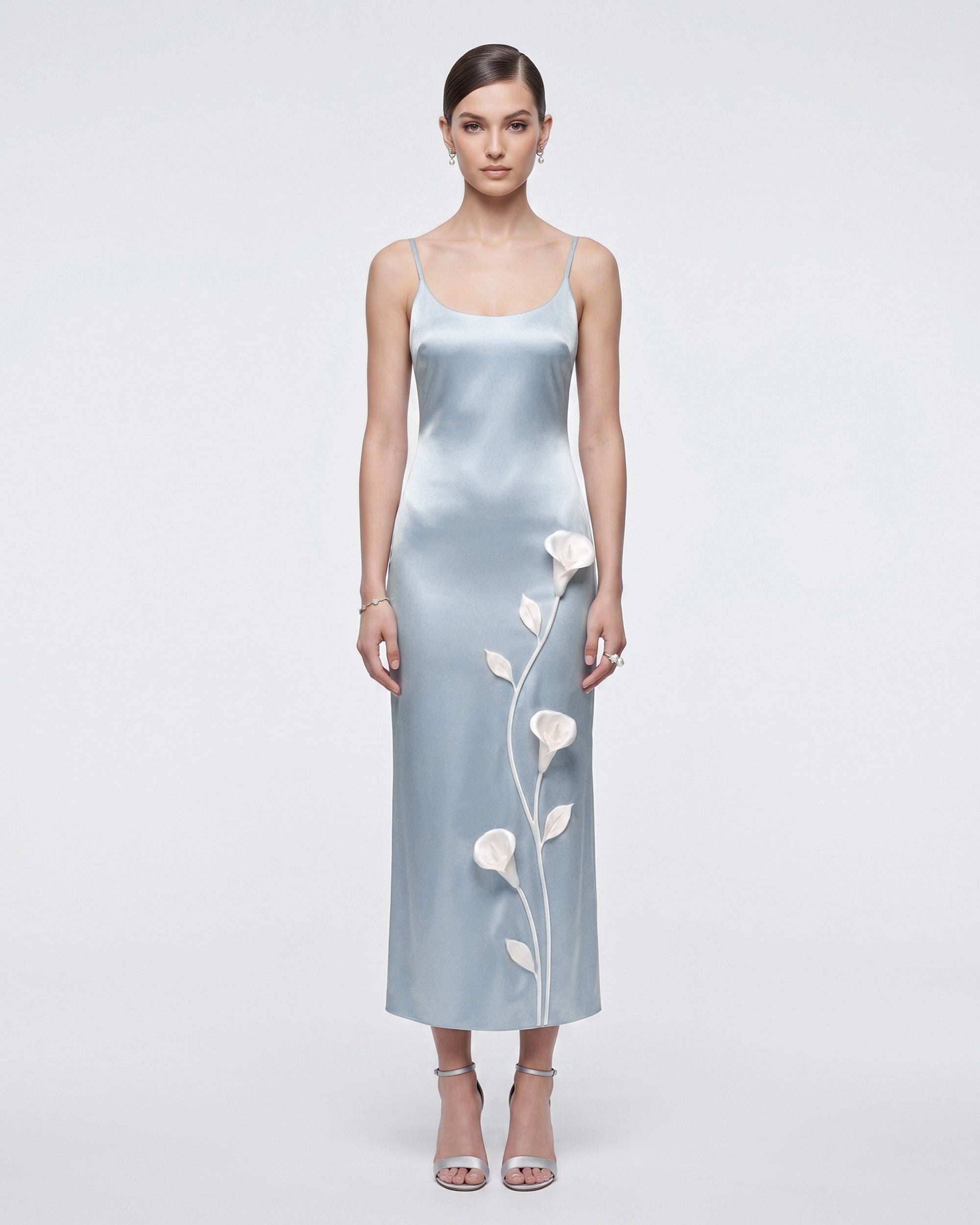Floral Appliqué Slip Dress - Light Blue