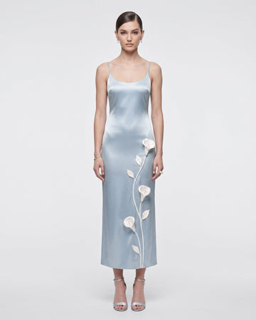 Floral Appliqué Slip Dress - Light Blue