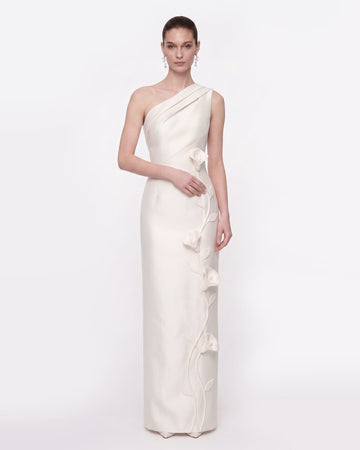 Floral Appliqué One-Shoulder Maxi Dress - White