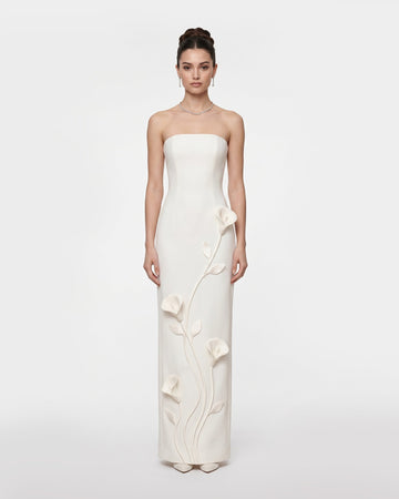 Floral Appliqué Strapless Column Dress - White