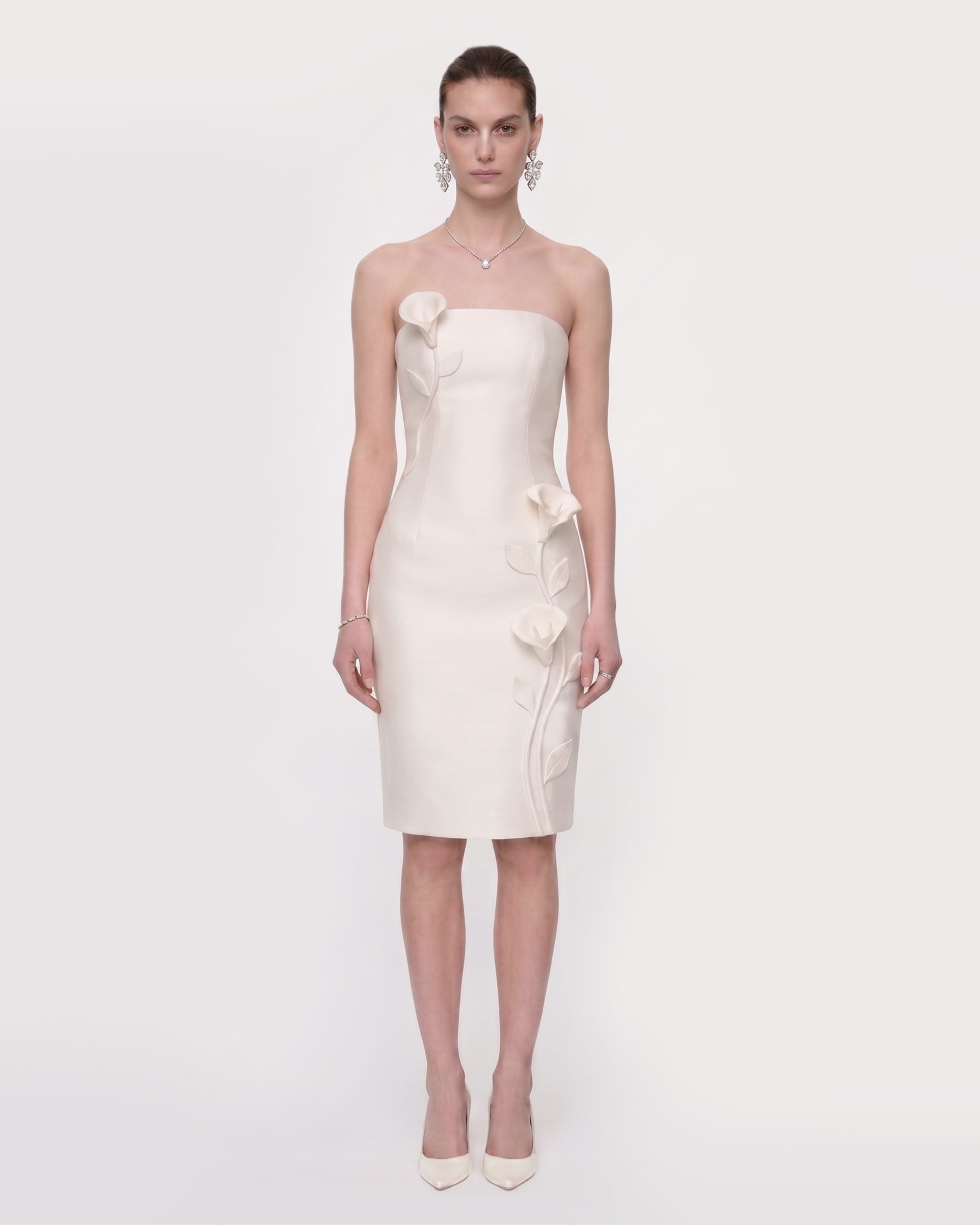Floral Appliqué Strapless Midi Dress - White