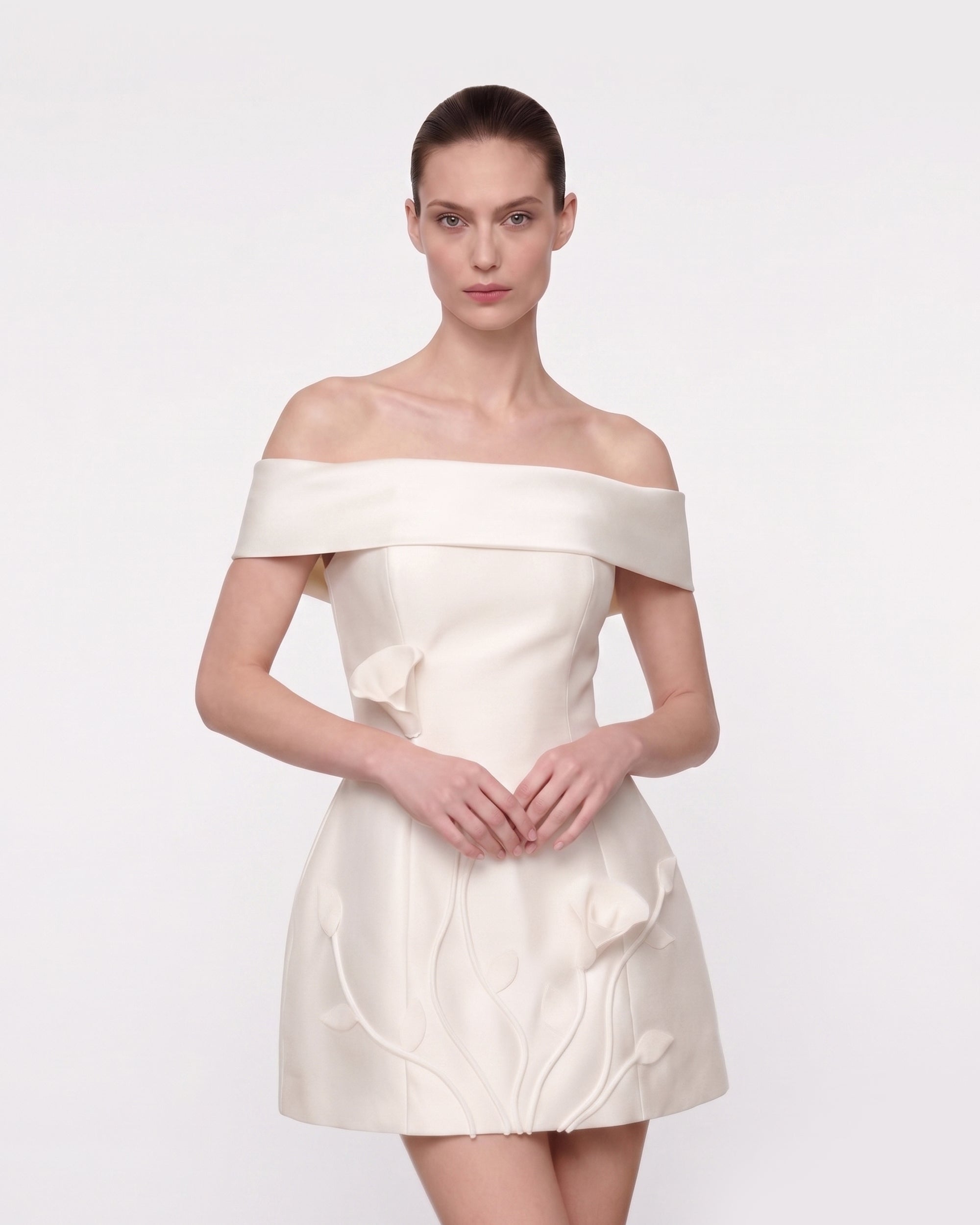 Floral Appliqué Off-Shoulder Mini Dress - White
